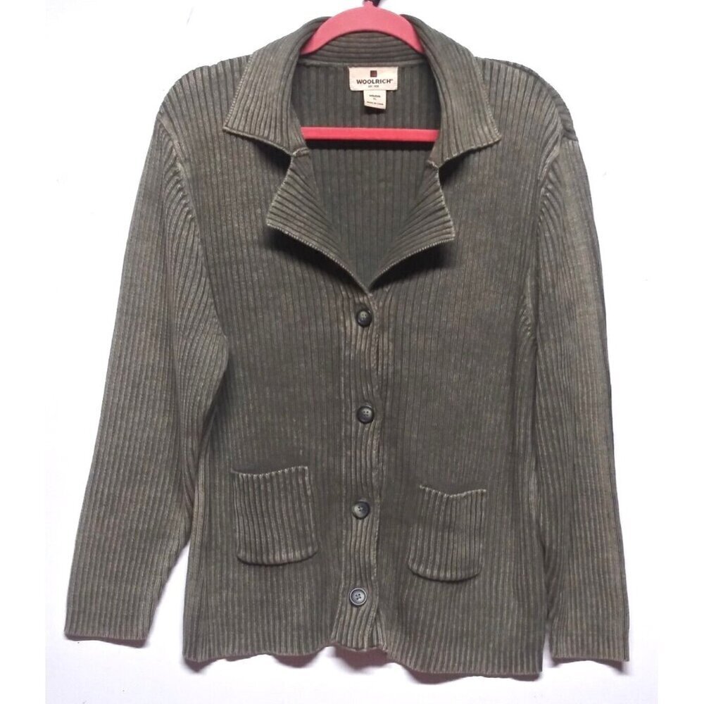 Woolrich cardigan sweater Womens XL ribbed Gorpcore Olive green collar button up